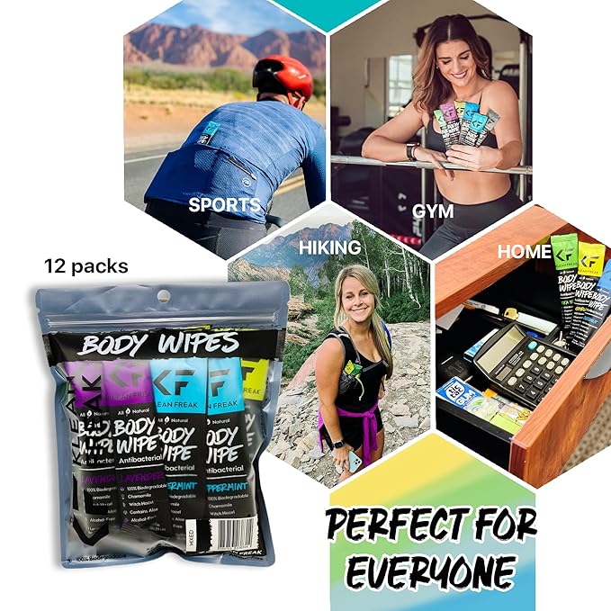 Body 12-Count Wipes - Original Disposable Wipes, Individually Wrapped for the Gym, Workout, Hiking, Travel, and Sport (Mixed)