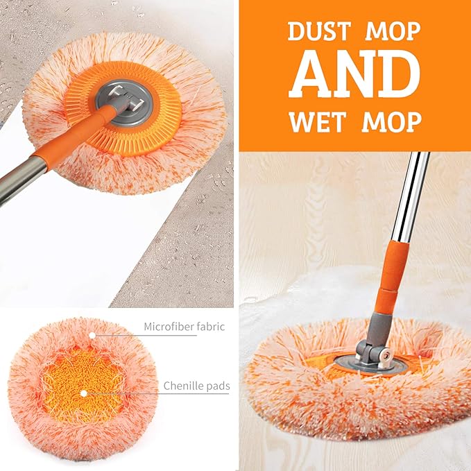 Dust Mop, Wall Cleaner Mop, with Hight Adjustable Handle and 1 Washable Mops Pad, Wet & Dry Floor Cleaning Mop for Hardwood, Tiles, Laminate, Vinyl (Orange mop with 3 pads)