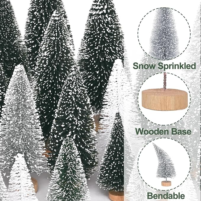Waipfaru Christmas Table Decor, Bottle Brush Christmas Trees, 21 Pcs White Mini Christmas Trees, Farmhouse Pine Trees for Xmas Tabletop Crafts Indoor Home Decorations (Sliver & White)
