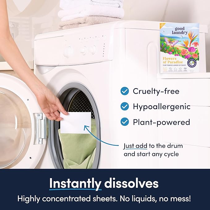 Detergent Sheets - Flowers of Paradise Scented (60 Loads) - Eco-Friendly Laundry Detergent Sheets, Hypoallergenic, No Plastic Jugs or Waste - Based in the USA