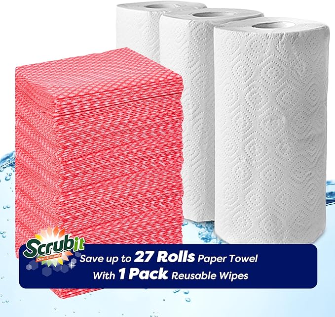SCRUBIT Reusable Cleaning Wipes, Handy Wipes for Kitchen and Office - Dish Cloths for Washing Dishes - Multi Purpose Disposable Cleaning Towels (12 x 20 in) 72 Pack (Red)