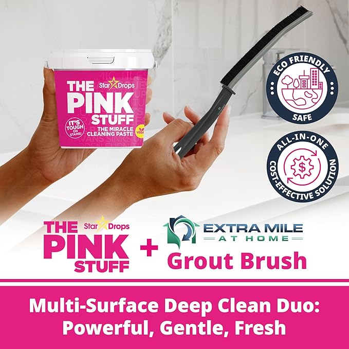 Miracle Cleaning Paste & Brush Bundle – Pink Stuff + Flexible Scrub Brush for Grout, Tile, Kitchen, and Bathroom Deep Cleaning