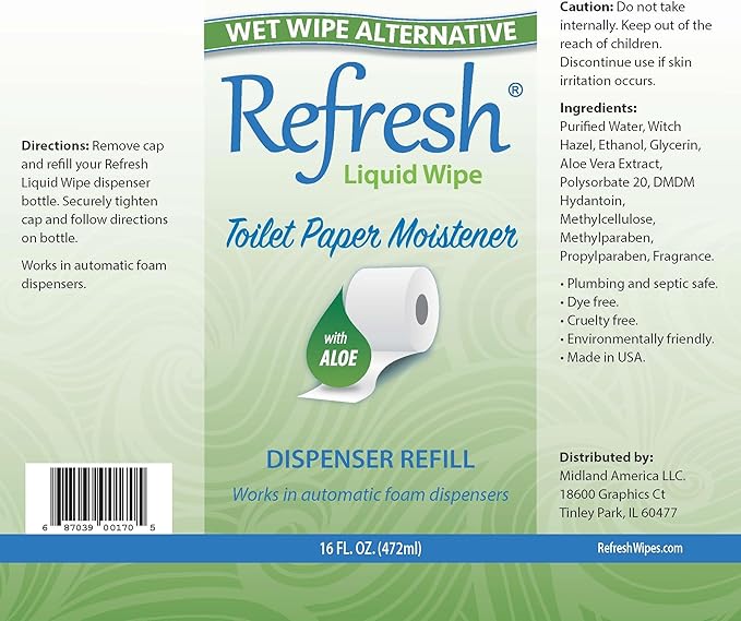 Refresh Liquid Wipe: Toilet Paper Foam Dispenser Refill. Eco-Friendly Flushable Wet Wipe Alternative with Witch Hazel and Aloe. 16 oz Refill (1 Pack).