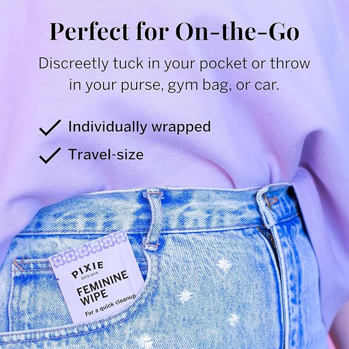 Pixie Feminine Wipes - Flushable, Biodegradable, & Ph Balanced - Best Individually Wrapped Packet Wipes for On The Go & Public Bathrooms - Wash, & Cleaner For Your Menstrual Cups & Discs (20 Count)
