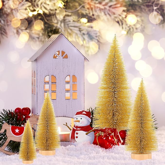 SITUMEIZI Gold Bottle Brush Christmas Trees - Artificial Small Xmas Tree Gifts 4 Pc Mini Gold Trees for Christmas Decor