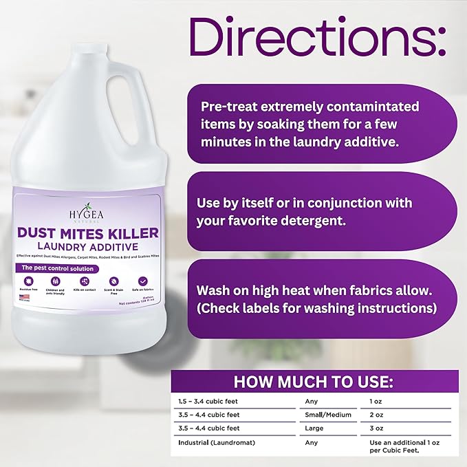 Dust Mite Laundry Additive - Eliminates Dust, Carpet, Rodent, Bird & Scabies Mites - Pet & Child-Friendly, Eco-Friendly for Bedding, Clothing, Linens - 128oz