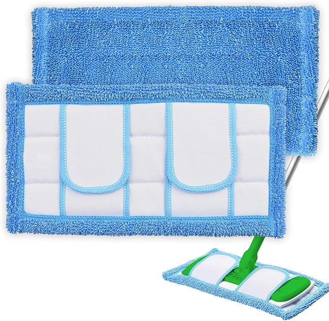 2 Pack Reusable Microfiber Mop Pads Compatible for Swiffer Sweeper & All 10-12 Inch Flat Mop, Upgraded Wet Dry Cleaning Pads for All Hard-Floor, Washable Sweeper Refills