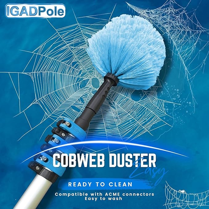 34ft IGADPole Washing Kit: Water-fed Brush, Cobweb Duster and 10” Squeegee and Soap Dispenser, with 6-Stage Telescoping Pole 5.5-27ft Pole and & 1ft Curved Extension