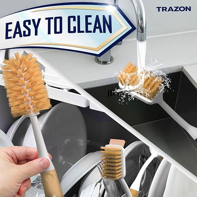 Dish Brush Set of 4 - Kitchen Scrub Brushes with Non-Slip Long Handle for Cleaning, Scrubber, Dishwashing, Dishes, Bottles, Straws, Cups, Pots & Sink, Baige