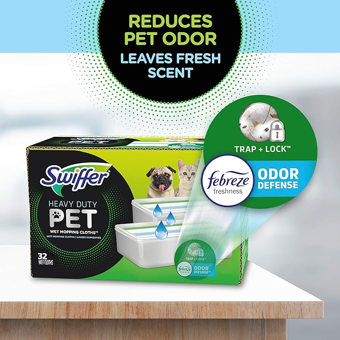Swiffer Sweeper Pet Heavy Duty Multi-Surface Wet Cloth Refills for Floor Mopping and Cleaning, Fresh scent, 16 count, Pack of 2