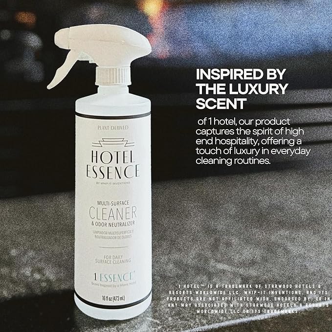 Hotel Essence Cleaner: Plant-Based Multi-Surface Cleaner & Odor Neutralizer, 16 oz, Leather, Cardamom, Lemon, Sandalwood, Cedarwood, Cinnamon, Vetiver, Amber, Musk, Iris, 16 Fl Oz (1)