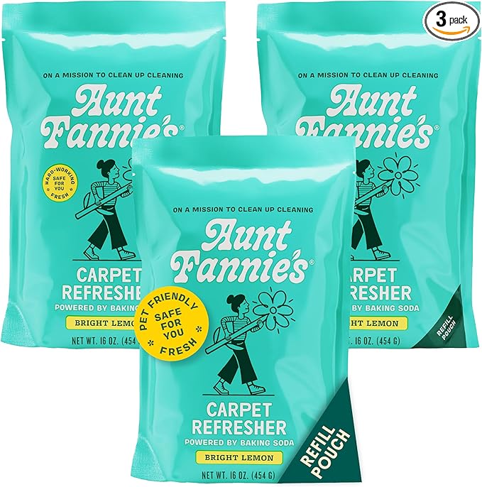 Aunt Fannie's Carpet Refresher & Deodorizer Powder, Multi-Purpose Carpet, Rug, and Upholstery Odor Eliminator for Homes with Cats & Dogs, Bright Lemon Scent, 16 oz Refill, Pack of 3