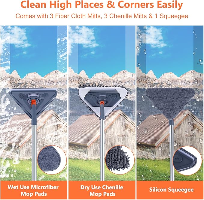 85 Inch Wall Cleaner with Long Handle, 360° Rotatable Wall Mop, Wall Washer Cleaner Tool for Walls/Ceiling Fans/Dust/Baseboard/Floors Clean, 6 Replacement Pads, 1 Squeegee Scraper Strips, 1 Mop Holder
