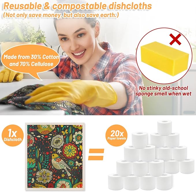 Lucomb 8 Pack Swedish Dishcloths for Kitchen, Reusable Soft Kitchen Towels Dish Cloths Set Absorbent Sponge Cleaning Washable Quick Drying Bar Hand Washing (Birds Flowers)