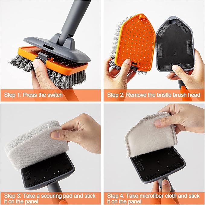 Tile Tub Scrubber Brush with 3 Different Function Cleaning Heads and 56" Extendable Long Handle-No Scratch Shower Scrubber for Cleaning Bathroom Kitchen Toilet Wall,Bathtub,Sink,Grey