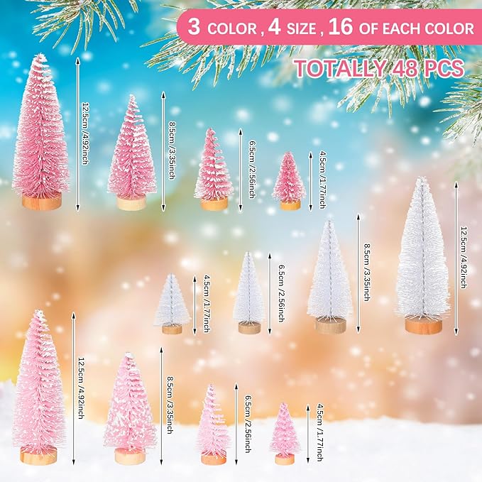 Leyndo 48 Pcs Pink Artificial Mini Christmas Tree Xmas Sisal Bottle Brush Trees with Wood Base Christmas Decor for Xmas Party Table Top Winter Ornaments Home Kitchen Crafts