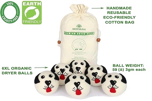 Organic Wool Dryer Balls - Dogs 6 XL Premium Quality Reusable Natural Fabric Softener, 100% Wool Hand Made, New Zealand Merino Wool, Pack of Dogs, Fair-Trade
