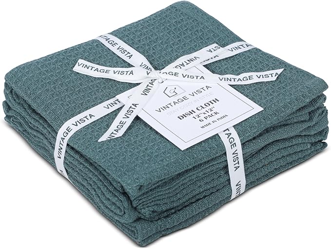 100% Cotton Waffle Dish Cloths (Pack of 6) - Dish Rags for Washing Dishes - Reusable & Highly Absorbent Kitchen Towels - Multipurpose Kitchen Rags - (12" x 12" - Dark Green)