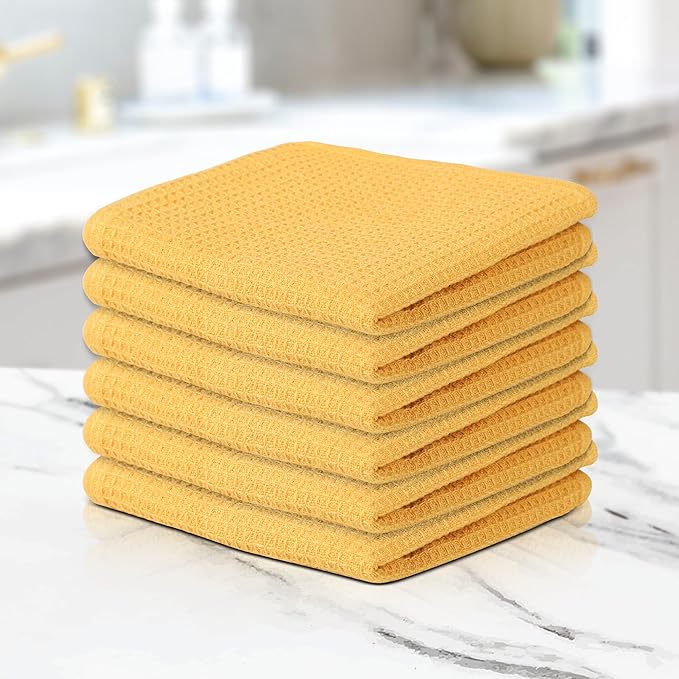 100% Cotton Waffle Dish Cloths (Pack of 6) - Dish Rags for Washing Dishes - Reusable & Highly Absorbent Kitchen Towels - Multipurpose Kitchen Rags - (12" x 12" - Yellow)