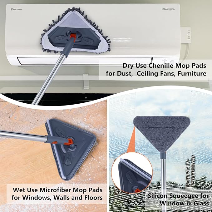 85 Inch Wall Cleaner with Long Handle, 360° Rotatable Wall Mop, Wall Washer Cleaner Tool for Walls/Ceiling Fans/Dust/Baseboard/Floors Clean, 6 Replacement Pads, 1 Squeegee Scraper Strips, 1 Mop Holder