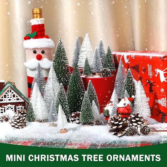 Set of 35PCS Mini Christmas Tree, Christmas Pine Cones, 2oz Fake Snow Powder, Mixed Christmas Decoration, Xmas Village Displays Winter DIY Crafts (Green-Silver-White)