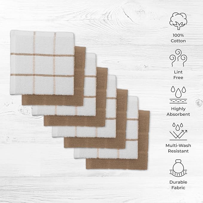 100% Cotton Dish Cloth for Dish Washing, Terry Dish Cloth, Cotton Dish Rags, 8 Pack, Super Soft and Absorbent, Reusable Cleaning Cloth, TAN (Solid and Checks)
