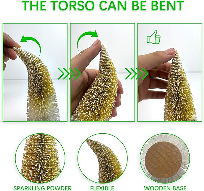 Mini Christmas Tree Bottle Brush Christmas Trees Decor for Christmas Decorations Wooden Bases (Gold and White)