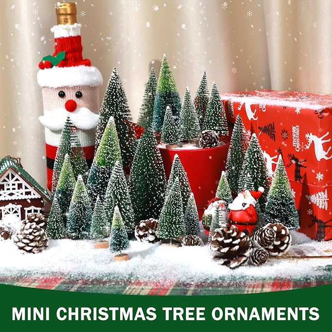 Set of 35PCS Mini Christmas Tree, Christmas Pine Cones, 2oz Fake Snow Powder, Mixed Christmas Decoration, Xmas Village Displays Winter DIY Crafts (Two-Tone Green)
