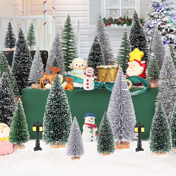 Mini Christmas Tree Christmas Decorations 30Pcs - Bottle Brush Christmas Trees with 5 Sizes, Miniature Pine Trees with Wooden Base for Christmas Party Home Table Craft Decor (Silver+Green+DarkGreen)