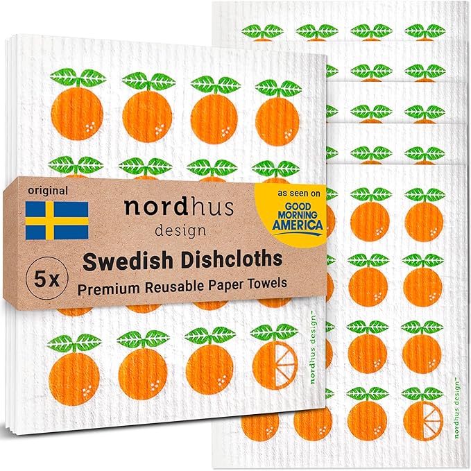 Nordhus Design Swedish Dishcloths, 5 Pack Oranges, Made in Sweden - Reusable, Washable Cellulose Cotton Kitchen Cloths - Replace Paper Towels, Wipes, Sponges, Dish Rags