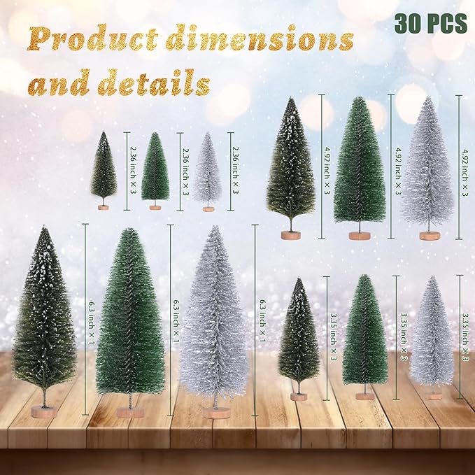 Waipfaru Bottle Brush Trees Christmas, 30 Pcs Mini Christmas Trees Table Decor, Miniature Pine Trees for Xmas Tabletop Crafts Christmas Indoor Decorations (Green & Sliver)