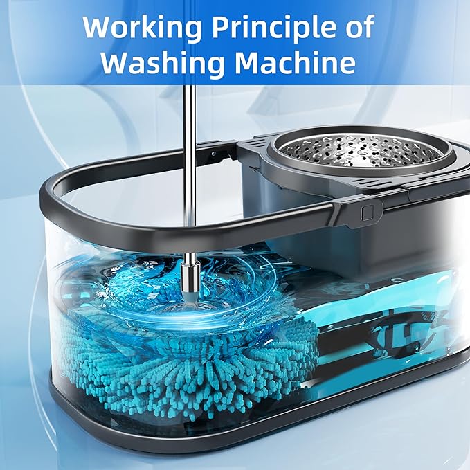 EasyWring Microfiber Spin Mop with Wringer Set, 360° Spining Mop and Bucket Set for Cleaning with Extra Refills, Trueclean Mop Bucket System (Silver)
