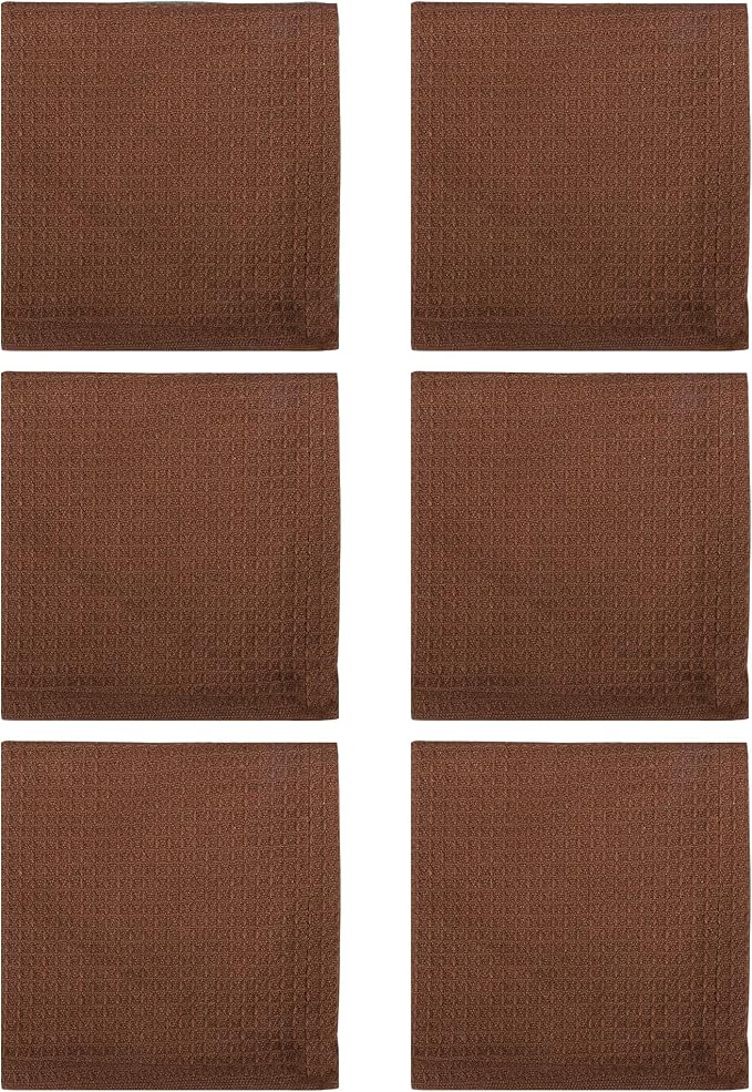 100% Cotton Waffle Dish Cloths (Pack of 6) - Dish Rags for Washing Dishes - Reusable & Highly Absorbent Kitchen Towels - Multipurpose Kitchen Rags - (12" x 12" - Brown)