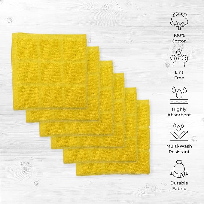 100% Cotton Dish Cloth for Dish Washing, Terry Dish Cloth, Cotton Dish Rags, 6 Pack, Super Soft and Absorbent,12"x12", inches, Reusable Cleaning Cloth, Yellow