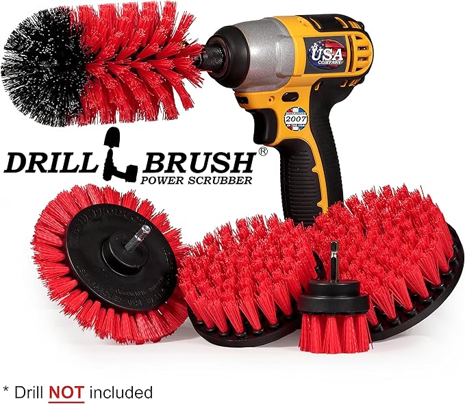 Drillbrush 5 Piece Red Stiff Nylon Cleaning Brush Set - Outdoor Cleaning Scrub Brushes for Cordless Drill - Siding Cleaner Brush Attachment - Deck Scrubbing - Birdbath Cleaner - Gravestone Scrubber