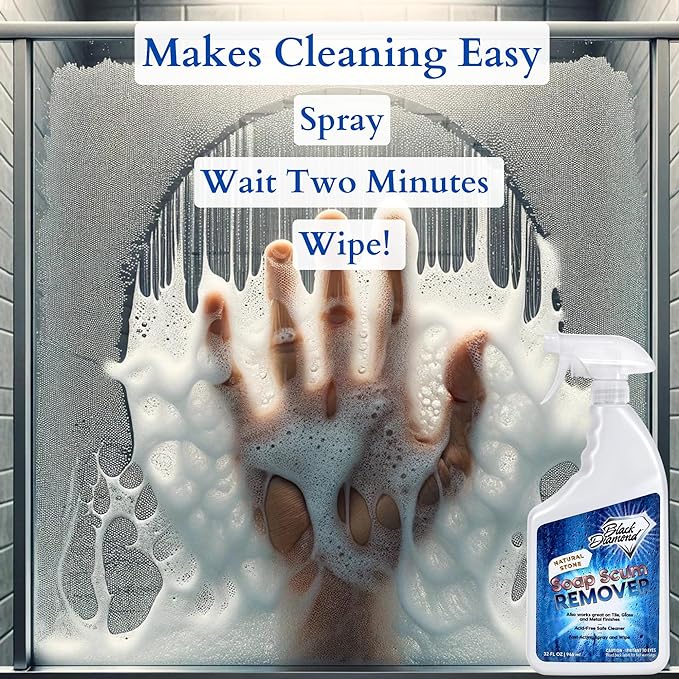 Black Diamond Stoneworks Natural Stone Shower Soap Scum Remover Spray. For Cleaning Bathtubs, Glass Doors, Tubs, Travertine, Marble, Tile. Heavy Duty, Safe Acid-Free Cleaner. Safe for fixtures.