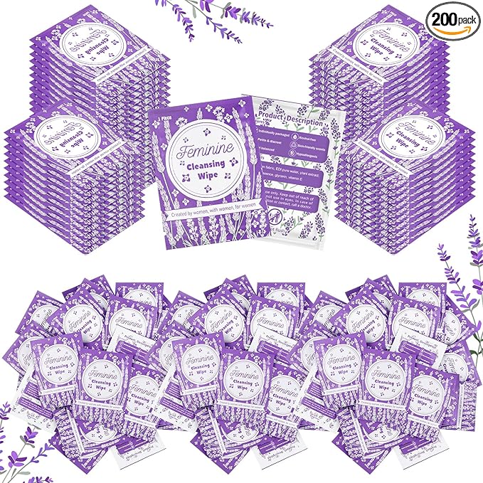 Tondiamo 200 Pcs Feminine Wet Wipes for Women Individually Wrapped Flushable Wipes Travel Size Soothing Personal Cleansing Natural Ingredients for Feminine Daily Use(Lavender Scented)