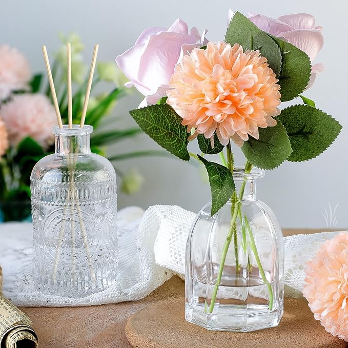 Glass Vase Bud Vases in Bulk Set of 12 Small Vases for Flowers,Embossed Clear Flower Vase,Vintage Glass Bottle Great for Table Decor,Wedding Centerpiece Table and as a Gifts