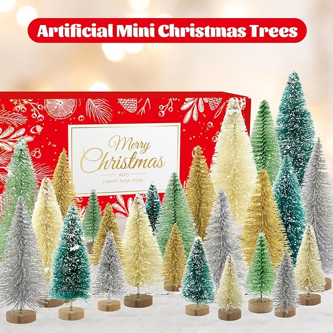 30PCS Bottle Brush Christmas Trees Mini Bottle Brush Trees with Wood Base Tabletop Small Christmas Village Tree, Xmas Holiday Decor