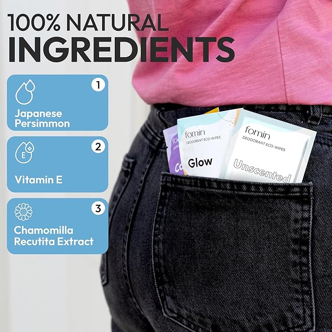 FOMIN Travel Deodorant Wipes - 30 Count - Unscented - pH Balanced, Hypoallergenic Mini Deodorant Wipes For Women and Men - Plastic-Free, Individually Wrapped Underarm & Body Wipes