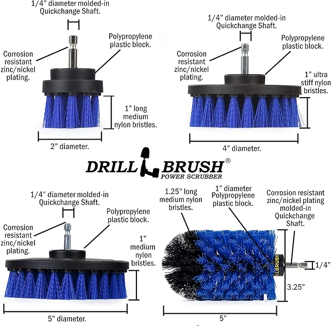 Grout Cleaner Kit - Bathroom Drill Brush Attachment Set - Household Cleaning Supplies - Shower Cleaner - Tub Scrubber - Toilet Brush - Spotless Tiles - Power Scrubbing Nylon Bristles