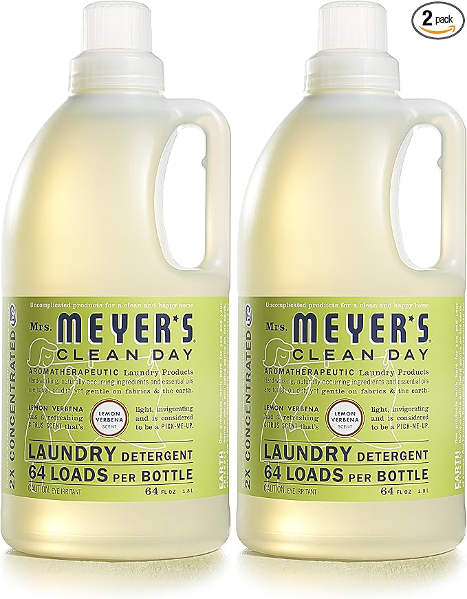 MRS. MEYER'S CLEAN DAY Liquid Laundry Detergent, Biodegradable Formula Infused with Essential Oils, Lemon Verbena, 64 oz - Pack of 2 (128 Loads)