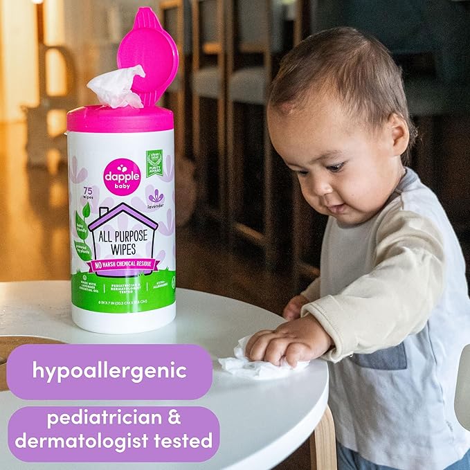All Purpose Wipes by Dapple Baby, Plant Based & Hypoallergenic Cleaning Wipes, Hint of Lavender, 75 Count Canister + 30 Count (Pack of 1)