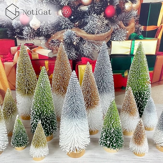 Mini Christmas Tree Bottle Brush Christmas Trees Decor for Christmas Decorations Wooden Bases (Gold and White)