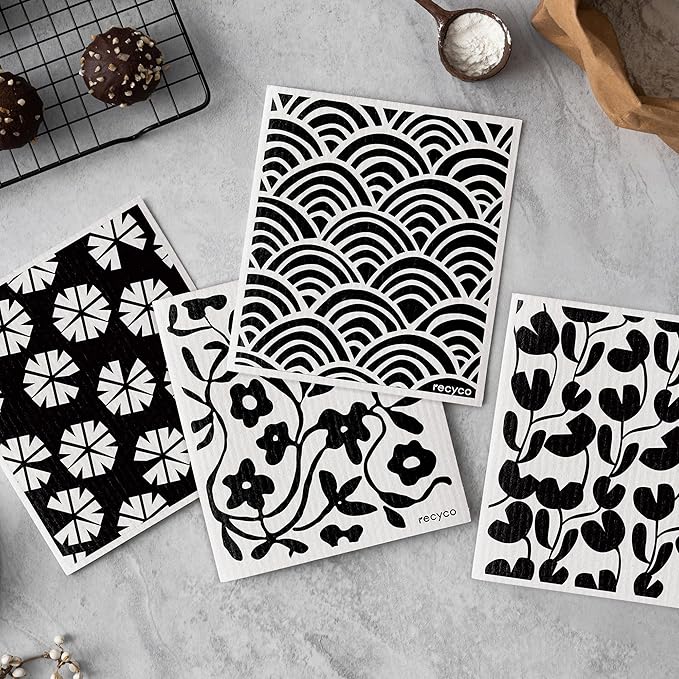 RECYCO Reusable Dish Cloth 12 Pack Swedish Dish Clothes for Kitchen Counter Cotton Cellulose Absorbent Machine Washable Plant Based Okeo Tex Standard 100 Sponge Wipes Women Owned (Black & White)