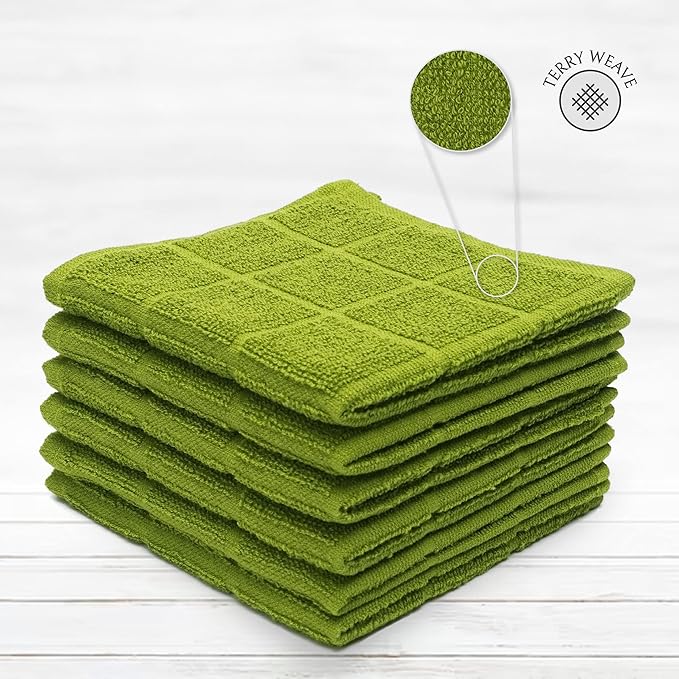 100% Cotton Dish Cloth for Dish Washing, Terry Dish Cloth, Cotton Dish Rags, 6 Pack, Super Soft and Absorbent,12"x12", inches, Reusable Cleaning Cloth, Green