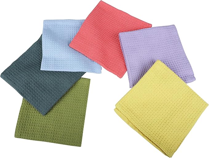 100% Cotton Waffle Dish Cloths (Pack of 6) - Dish Rags for Washing Dishes - Reusable & Highly Absorbent Kitchen Towels - Multipurpose Kitchen Rags - (12" x 12" - Multicolor I)