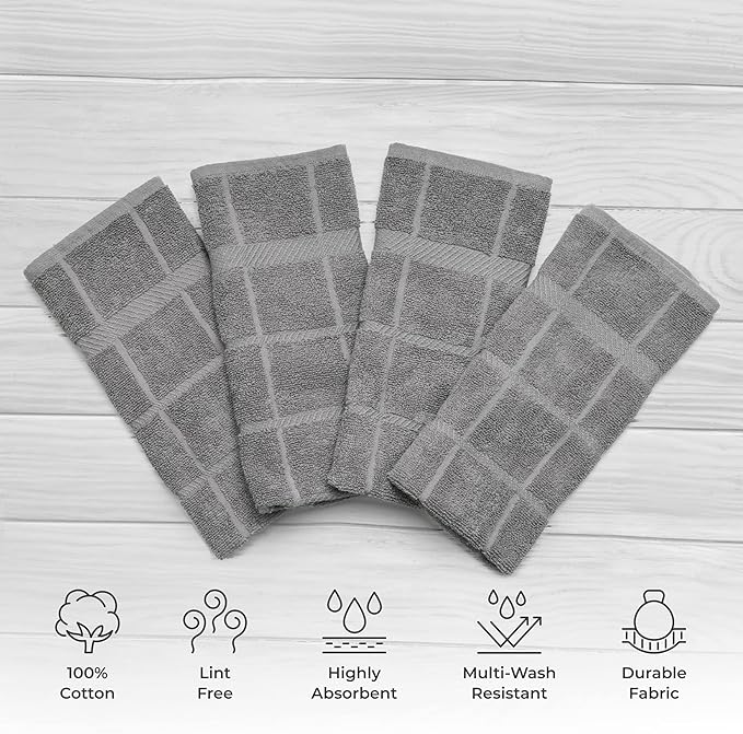 100% Cotton Terry Dish Towels, 4 Pack Plain, 16 x26 Inches, Super Soft and Absorbent Kitchen Towels, Perfect for Kitchen Cleaning and Dish Washing | Light Gray