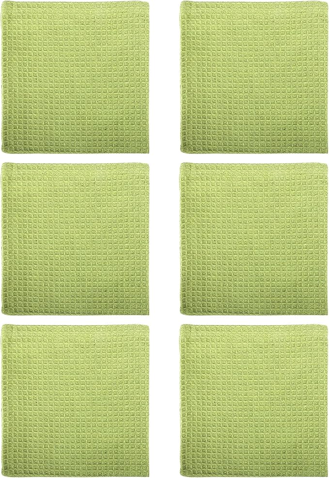 100% Cotton Waffle Dish Cloths (Pack of 6) - Dish Rags for Washing Dishes - Reusable & Highly Absorbent Kitchen Towels - Multipurpose Kitchen Rags - (12" x 12" - Light Green)