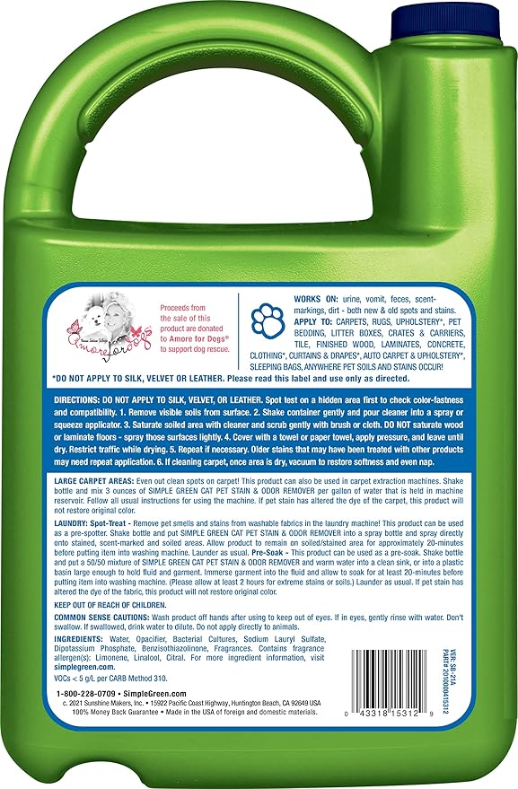 Simple Green Cat Stain & Odor Remover - Enzyme Cleaner for Cat Urine, Feces, Blood, Vomit (1 Gallon Refill) (Pack of 2)